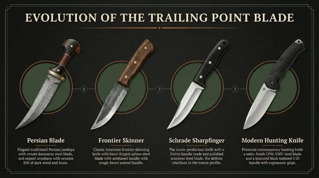 Evolution of the trailing point knife blade from traditional Persian blades to modern hunting knives, showing the development of the trailing point design over time.