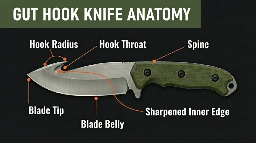 Gut hook knife anatomy diagram showing labeled parts including hook radius, hook throat, spine, blade tip, blade belly, and sharpened inner edge on an olive green handled hunting knife.
