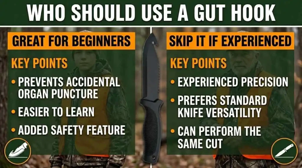 Infographic comparing who should use a gut hook knife, showing benefits for beginners such as preventing accidental organ puncture and added safety, versus reasons experienced hunters may prefer a standard hunting knife.