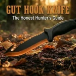 Fixed-blade gut hook hunting knife displayed on a forest floor with autumn leaves, highlighting a field dressing tool used by hunters for game processing and outdoor survival.