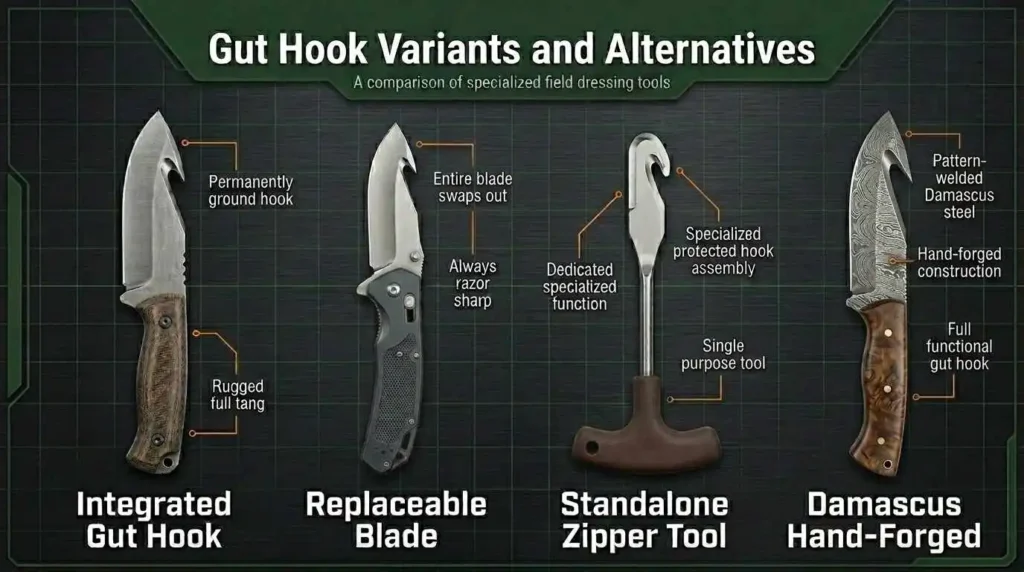 Gut hook knife variants and alternatives comparison chart showing four types of field dressing tools: integrated gut hook knife, replaceable blade knife, standalone zipper tool, and Damascus hand-forged gut hook knife.