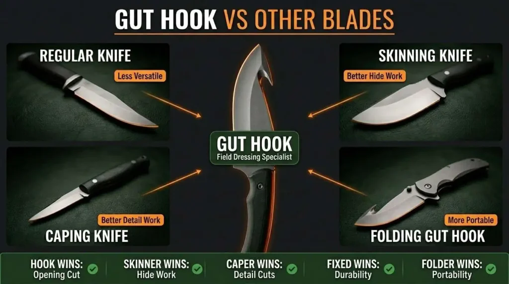Comparison chart showing a gut hook knife versus regular knife, skinning knife, caping knife, and folding gut hook, highlighting field dressing, hide work, detail cuts, durability, and portability benefits.