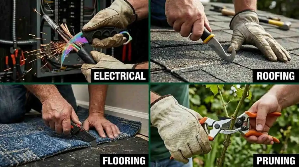 Collage showing hawkbill knife applications for electrical work, roofing, flooring installation, and garden pruning tasks