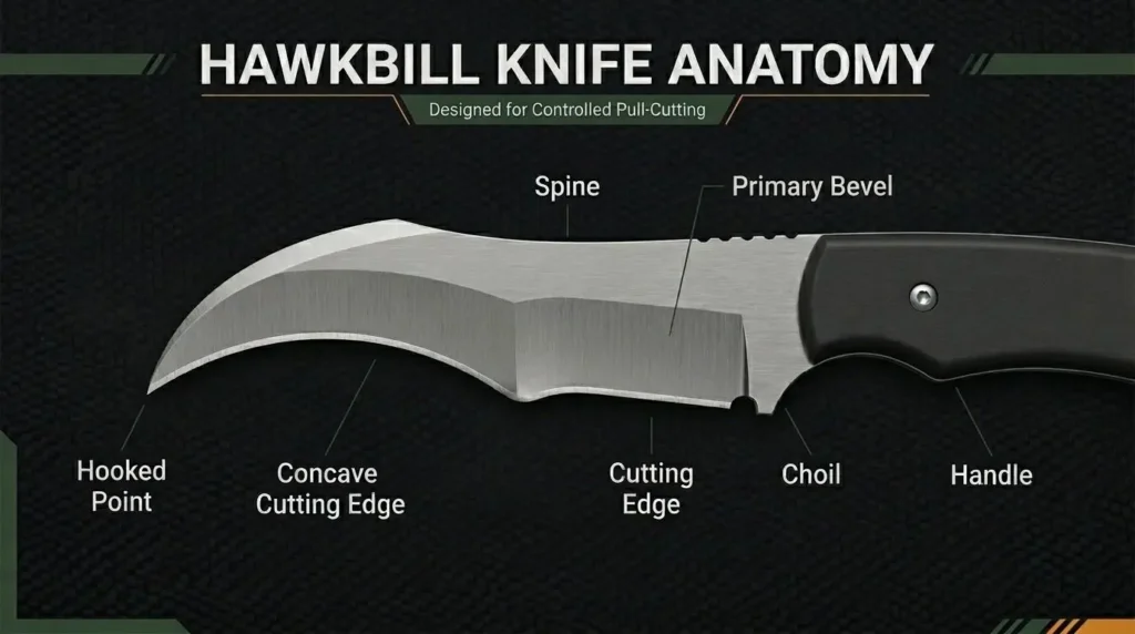 Hawkbill knife anatomy diagram showing the hooked point, concave cutting edge, cutting edge, choil, handle, spine, and primary bevel
