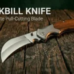 Hawkbill folding knife with wooden handle and curved pull-cutting blade displayed on a rustic wooden surface