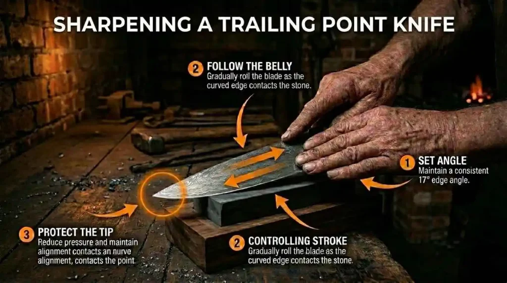 How to sharpen a trailing point knife by maintaining the correct angle, following the curved belly, controlling the sharpening stroke, and protecting the tip.