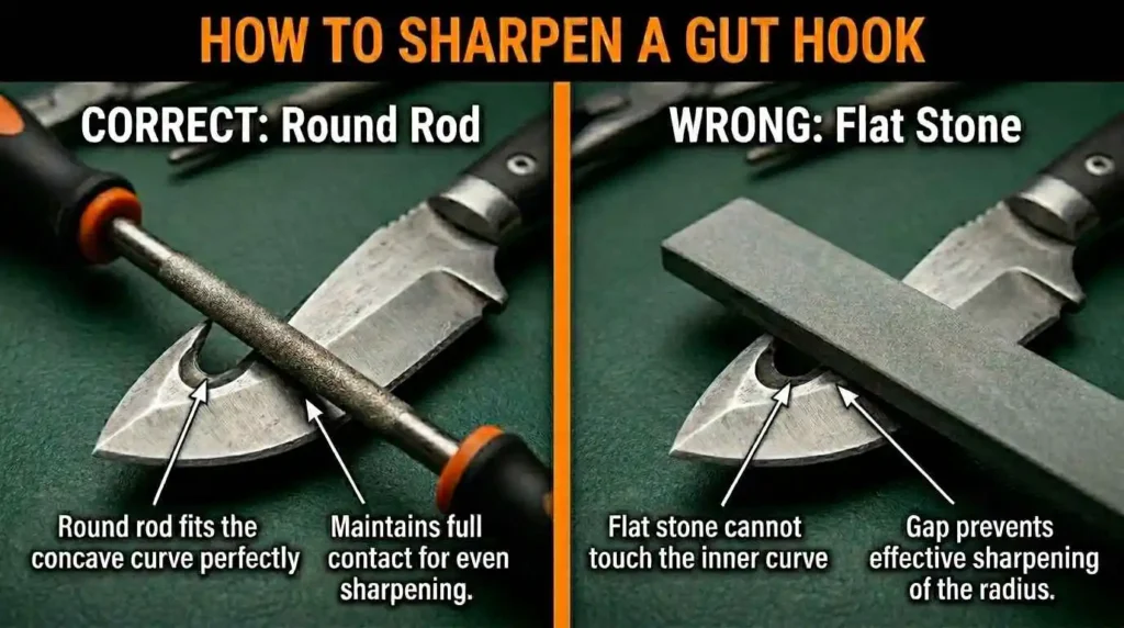 Infographic showing the correct way to sharpen a gut hook knife using a round sharpening rod compared to the incorrect use of a flat sharpening stone, highlighting proper contact with the gut hook's inner curve.