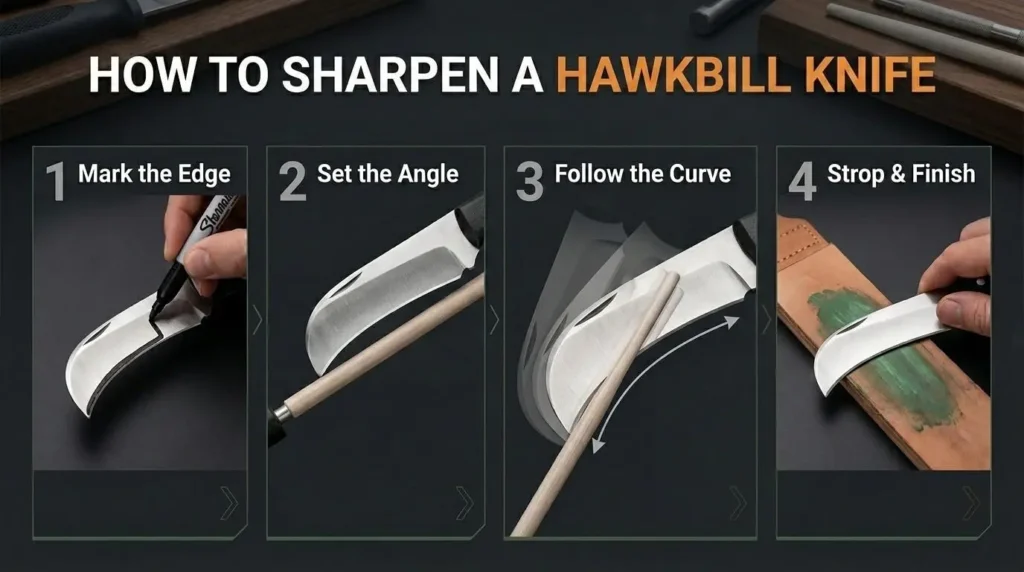 Step-by-step guide showing how to sharpen a hawkbill knife, including marking the edge, setting the sharpening angle, following the blade curve, and stropping for a sharp finish.