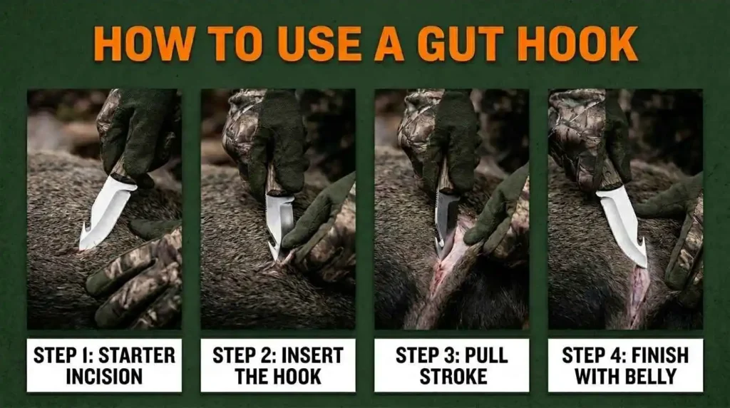 Step-by-step infographic demonstrating how to use a gut hook knife during field dressing, showing the starter incision, inserting the gut hook, performing the pull stroke, and completing the belly opening.