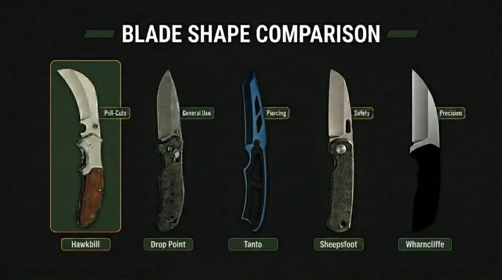 Infographic comparing popular knife blade shapes including hawkbill, drop point, tanto, sheepsfoot, and wharncliffe. The chart highlights each blade's primary use, such as pull cutting, general utility, piercing, safety cutting, and precision tasks.
