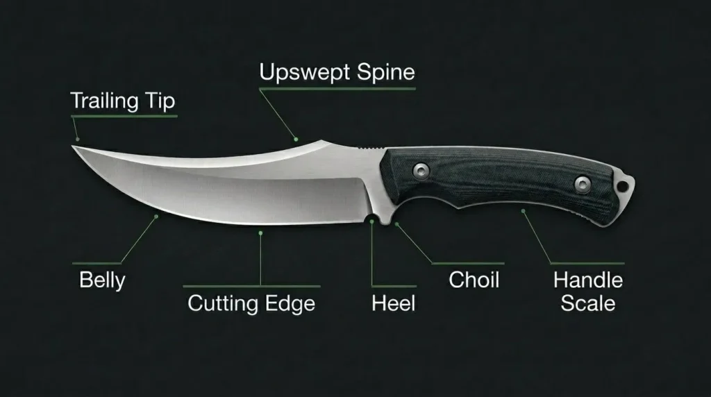 Trailing point knife anatomy diagram showing trailing tip, upswept spine, belly, cutting edge, heel, choil, and handle scale.