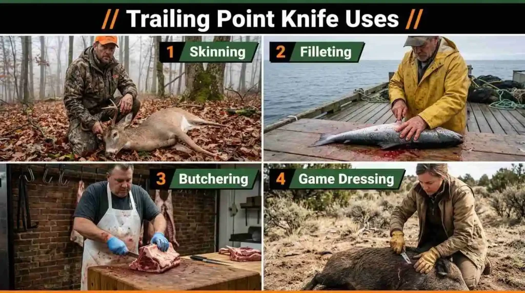Trailing point knife uses for skinning, filleting, butchering, and game dressing in hunting, fishing, and meat preparation.