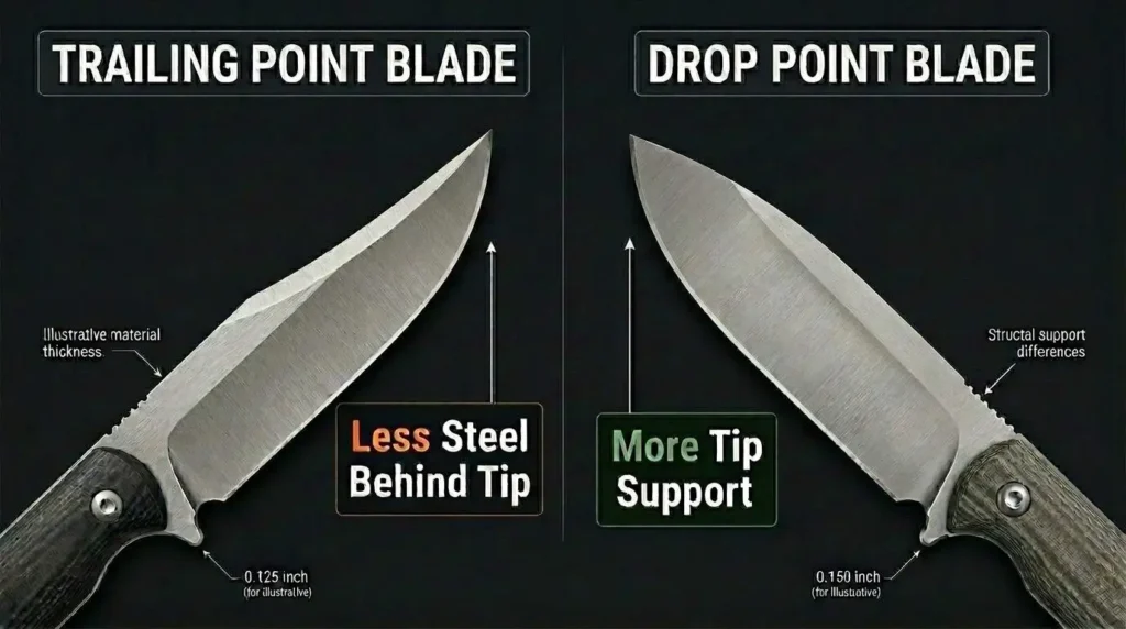 Trailing point knife vs drop point knife blade comparison showing tip shape, cutting profile, and tip support differences.