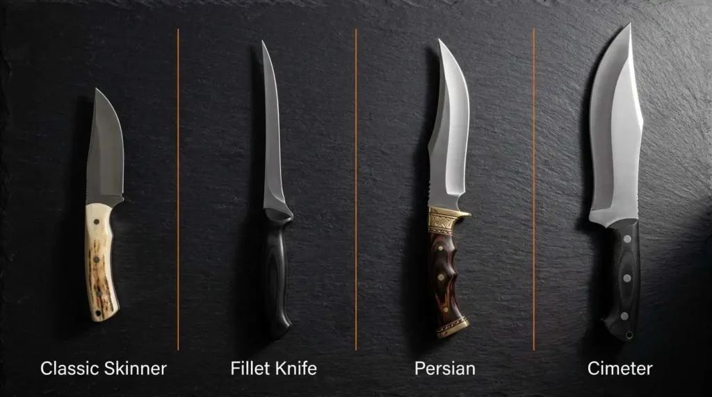 Types of trailing point knives including classic skinner, fillet knife, Persian blade, and cimeter knife, showcasing different trailing point blade designs and uses.